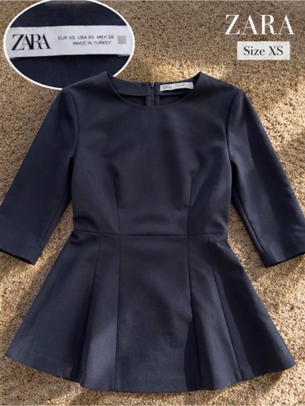 Zara Navy Peplum Top with Three-Quarter Sleeves